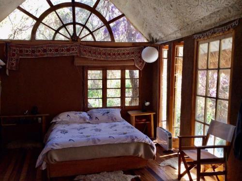 派瓦诺La Casa entre los Árboles en el Valle de Elqui Montegrande的一间卧室设有一张床和一个大窗户