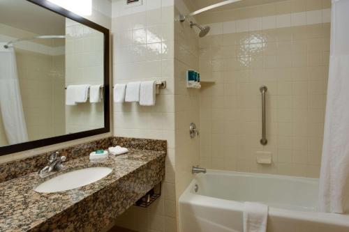 阿马里洛Drury Inn & Suites Amarillo的一间带水槽、浴缸和镜子的浴室