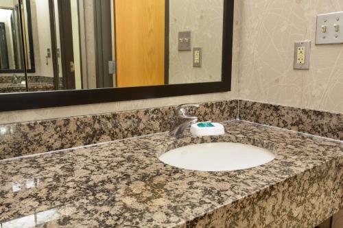 拉斐特Drury Inn & Suites Lafayette LA的浴室的柜台设有水槽和镜子