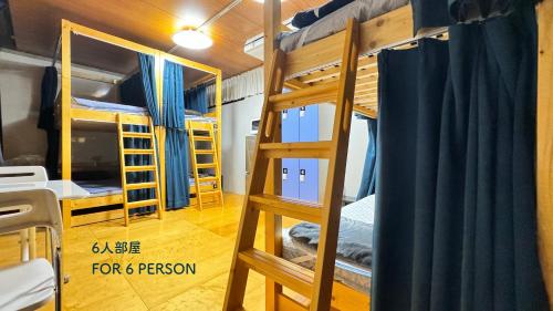 东京Hotel Adonis Tokyo - Dormitory Share Room For Male Only At City Center的宿舍间设有双层床和梯子。