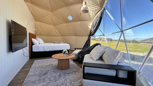 克伦威尔Glamping Dome - Rosé的帐篷内的房间,配有一张床和一张沙发