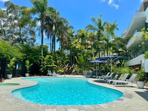 努萨角努沙国际公寓式度假酒店的一座带椅子和棕榈树的度假村游泳池