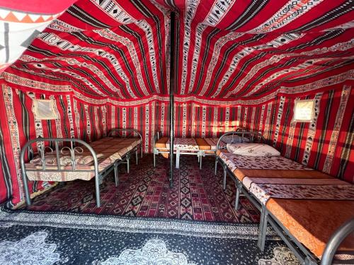 ḨawīyahBig dune camp的一间设有两个长椅和一个红白条纹墙的房间