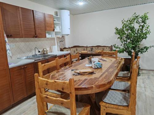 叶海格纳佐尔Sun House的厨房配有木桌和木椅