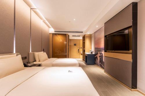 郑州郑州航空港新郑国际机场亚朵酒店的配有一张床和一台平面电视的酒店客房