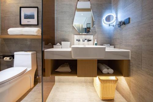 厦门厦门集美湖商务中心亚朵酒店的一间带水槽、卫生间和镜子的浴室