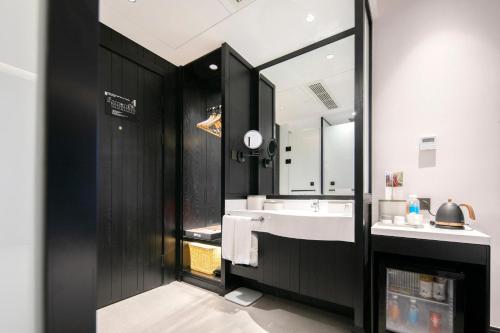 杭州杭州西湖武林广场延安路亚朵X酒店的一间带水槽和镜子的浴室