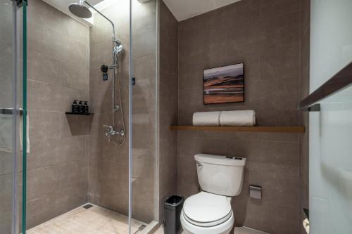 上海上海虹桥莘庄商务区亚朵酒店的一间带卫生间和玻璃淋浴间的浴室