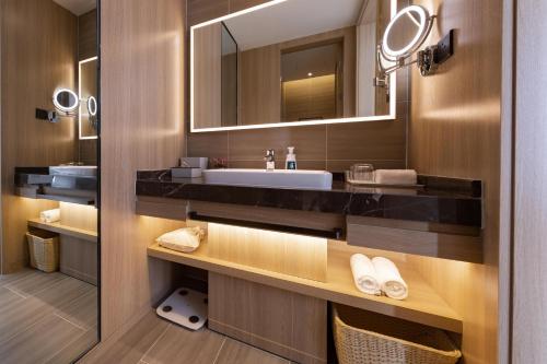 济南济南西站国际会展中心亚朵轻居酒店的一间带水槽和镜子的浴室