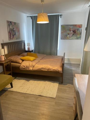 巴塞尔Le MONOT Residence的一间卧室配有一张黄色枕头的床