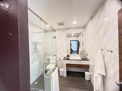 Pearl Andaman Resort Ranong Koh Koo的一间带水槽、卫生间和镜子的浴室