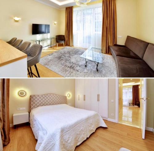 考纳斯Luxury Central Apartment in Putvinskio street的一间卧室设有一张床和一间客厅。
