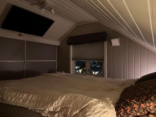 特罗姆瑟Tromsø’s best location? City & Nature 5 mins away.的一间卧室配有一张床和一台平面电视