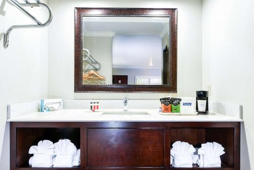 科默斯洛杉矶康莫斯区旅程住宿酒店的一间带水槽和镜子的浴室