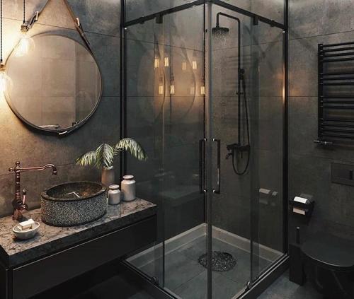 盖贝莱Qafqaz Royal Chalet的一间带玻璃淋浴和水槽的浴室