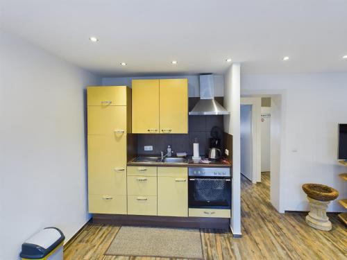 阿尔斯多夫Alsdorf 3的厨房配有黄色橱柜和水槽