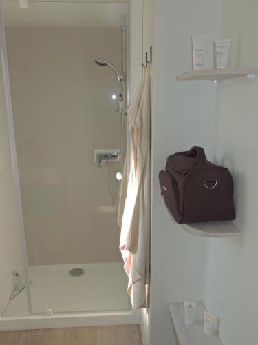 利托Chez Loulou et Belette MH048的带淋浴的浴室和门袋