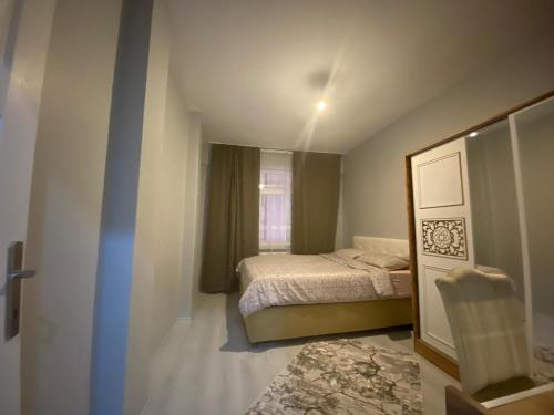 伊斯坦布尔12345的一间小卧室,配有一张床和镜子
