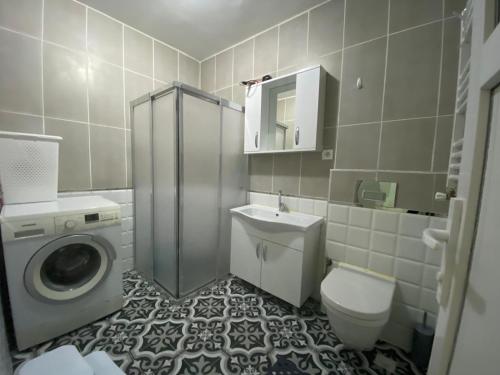 伊斯坦布尔12345的浴室配有卫生间水槽和洗衣机。