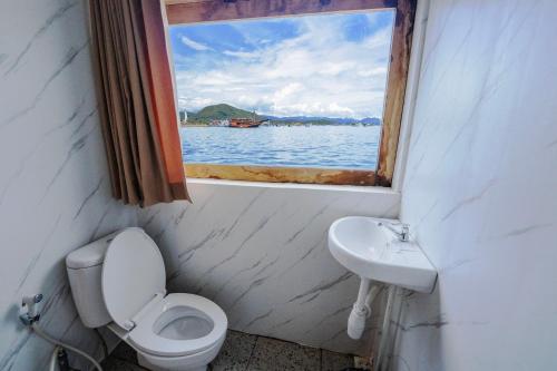 纳闽巴霍Phinisi Boat Maheswari Komodo的一间带卫生间和水槽的浴室,并设有一个窗户