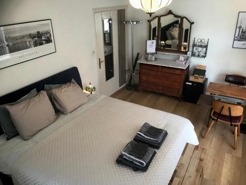鹿特丹Bed and Breakfast Rotterdam的一间卧室配有一张床,上面有两条毛巾