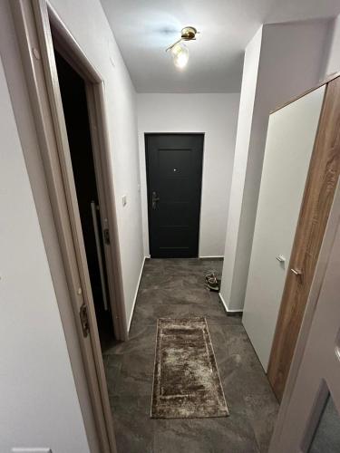 彼得罗沙尼Cozy Home Studio的走廊上设有黑色的门和地毯