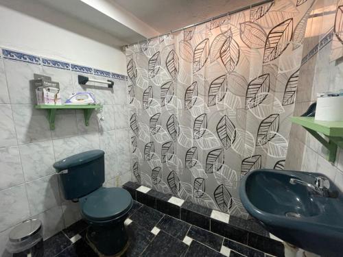 库斯科Casita acogedora en cusco的浴室设有黑色的卫生间和水槽。