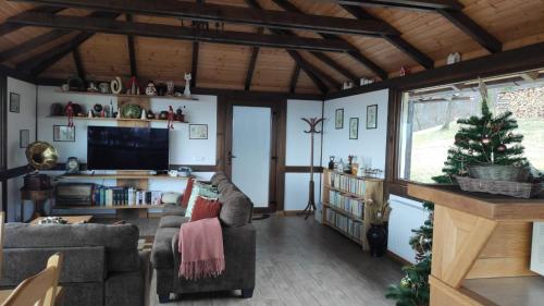 布朗Trout Cottage的客厅配有两张沙发和一棵圣诞树