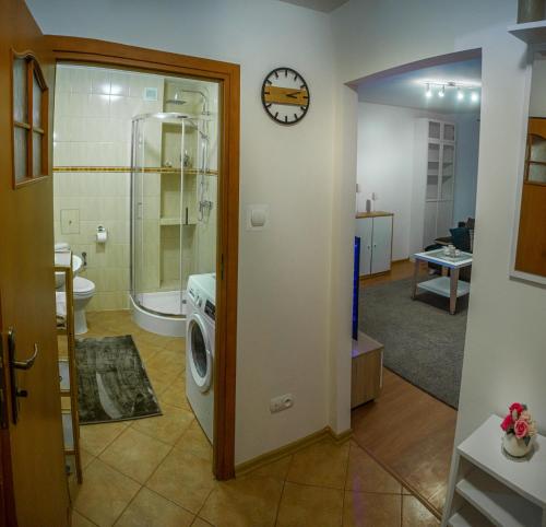 奥尔什丁Komfortowy Apartament Belweder的客房内的洗衣机浴室