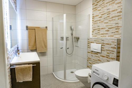 AlfterCharmante und stilvolle Wohnung的带淋浴、卫生间和盥洗盆的浴室