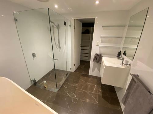悉尼Garden flat, NORTH SYDNEY的一间带玻璃淋浴和水槽的浴室