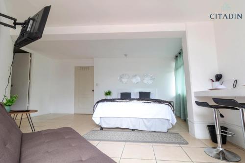 危地马拉Hotel Citadin的一间卧室配有一张床和一张沙发