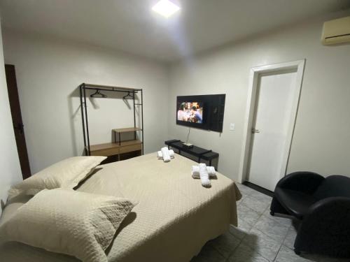伊瓜苏Espaço confortável no centro da cidade的一间卧室配有一张床、一台电视和一把椅子