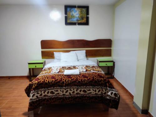 万卡约Sierra Verde - Muy Céntrico Hs的一间卧室配有一张带2个床头柜的大床