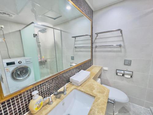 釜山Busan Centurn Victoria hotel的一间带水槽和洗衣机的浴室