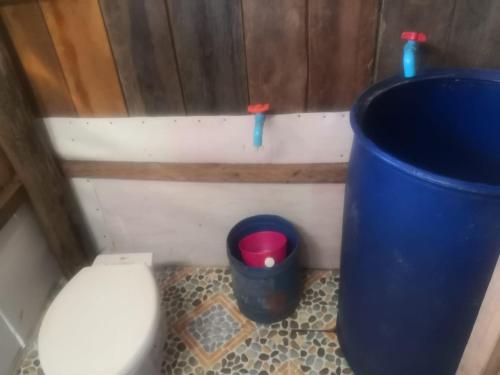 瓜隆岛Friend of Nature Bungalow的一间带卫生间和垃圾桶的小浴室
