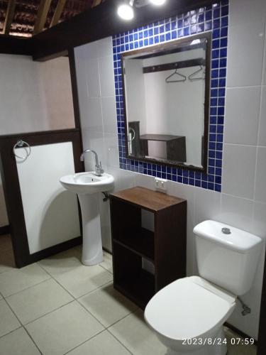 Port-OlrySerenity Bungalows的一间带卫生间、水槽和镜子的浴室