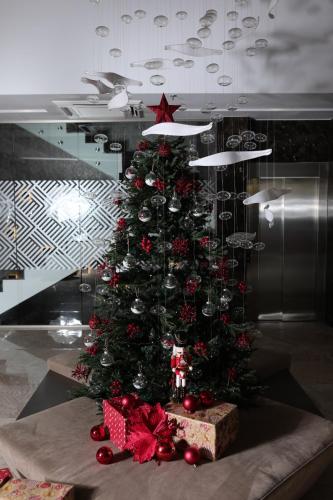 普里什蒂纳Venus Hotel的红弓和盒子的圣诞树