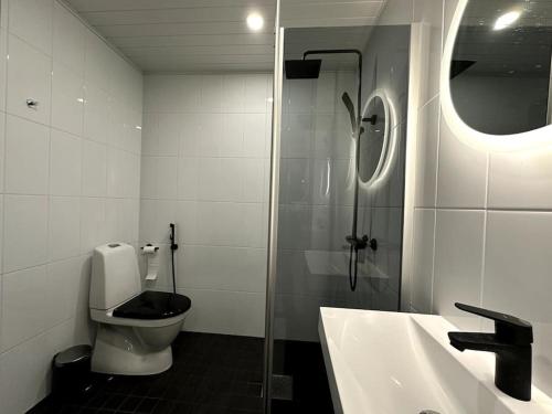塞伊奈约基Kotimaailma Apartments #6 - Hieno ja tilava kaksio keskustassa的浴室配有卫生间、盥洗盆和淋浴。