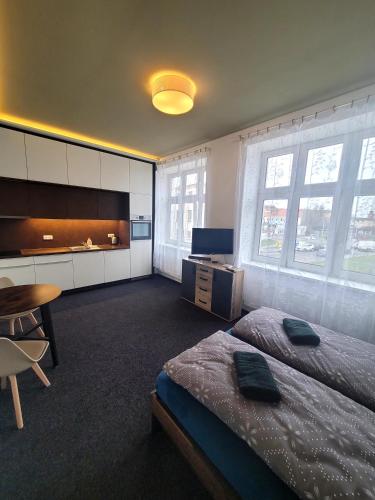 布尔诺Skořepka15 apartment Brno-střed的一间卧室配有两张床、一张桌子和一台电视。