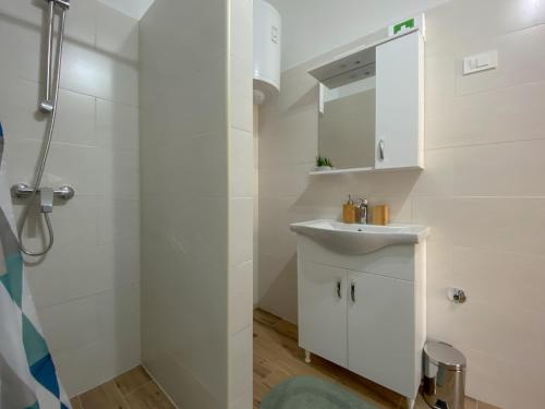 诺维格勒伊斯特拉Apartment Tomas的白色的浴室设有水槽和淋浴。