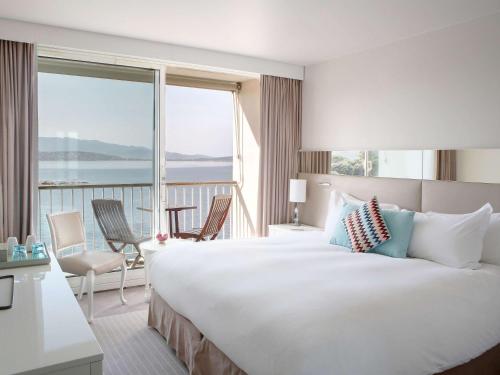 阿雅克修索菲特塔拉萨波迪西奥酒店的一间酒店客房,设有一张大床和一个大窗户