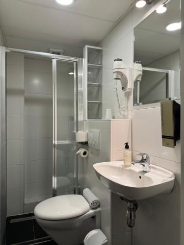 阿姆斯特丹提图斯城市中心酒店的浴室配有卫生间、盥洗盆和淋浴。