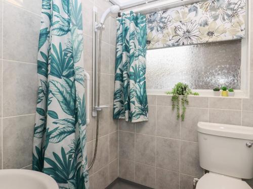 海尔舍姆Lavender Cottage的带淋浴帘和卫生间的浴室