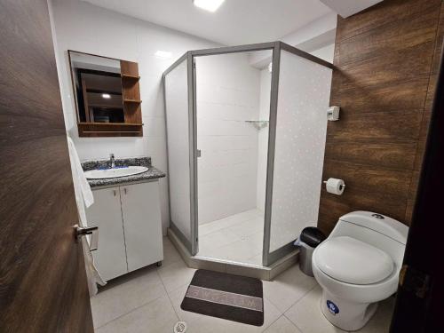 里奥班巴New Dawn Rio的一间带卫生间和淋浴的小浴室