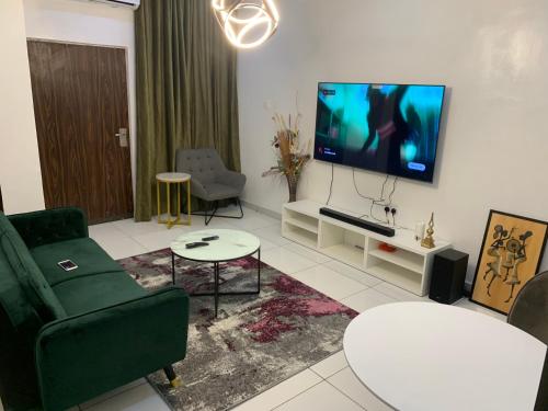 伊巴丹Luxury apartments的客厅配有沙发和墙上的电视