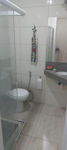 安谢塔CHALÉ Pedaço do Coqueiro的一间带卫生间、水槽和镜子的浴室
