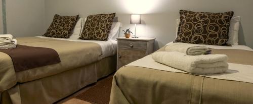迈普Boutique Vineyard and Wine Lodge的酒店客房设有两张床和床头柜。