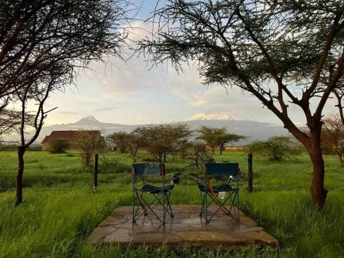 安博塞利Amboseli Cultural Camping的两把椅子坐在一块石头板上,放在田野里
