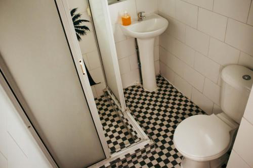 圣地亚哥Hostal Salvador的一间带卫生间和水槽的浴室